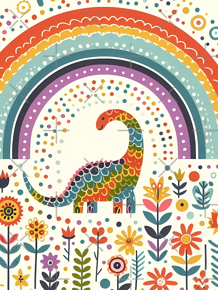 Cute Alamosaurus Dinosaur with Rainbow and Flowers - Scandinavian Folk Art by heidiannemorris © by FOLK ART... (Image 3)