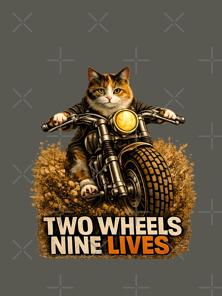 Calico Cat Motorcycle Art – Two Wheels Nine Lives Biker Cat Print Design by PixelsPaws
