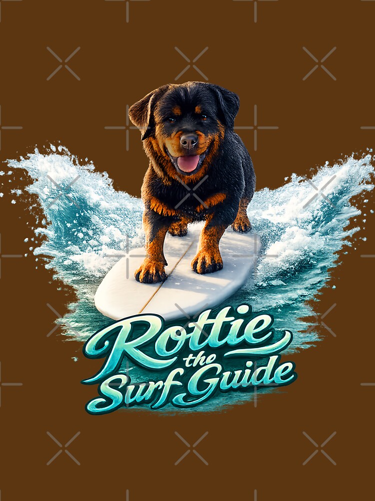 Rottie the Surf Guide – Cool Rottweiler Surfing Dog Art Print by PixelsPaws