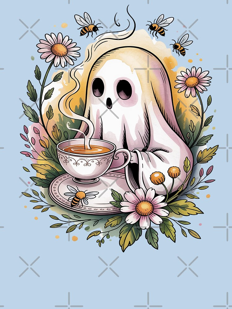 Tea Time Ghost Shirt Cozy Watercolor Tattoo Tee Cottagecore Ghost Drinking Tea Whimsical Comfort Aesthetic... (Image 3)