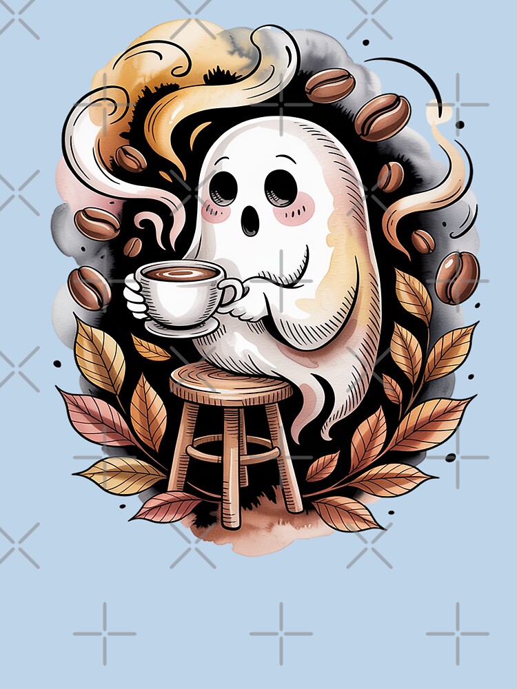 Caffeine Break: Coffee Break Ghost Shirt Cozy Watercolor Tattoo Tee, Caffeine Lover Aesthetic Top Unisex Tee,... (Image 3)