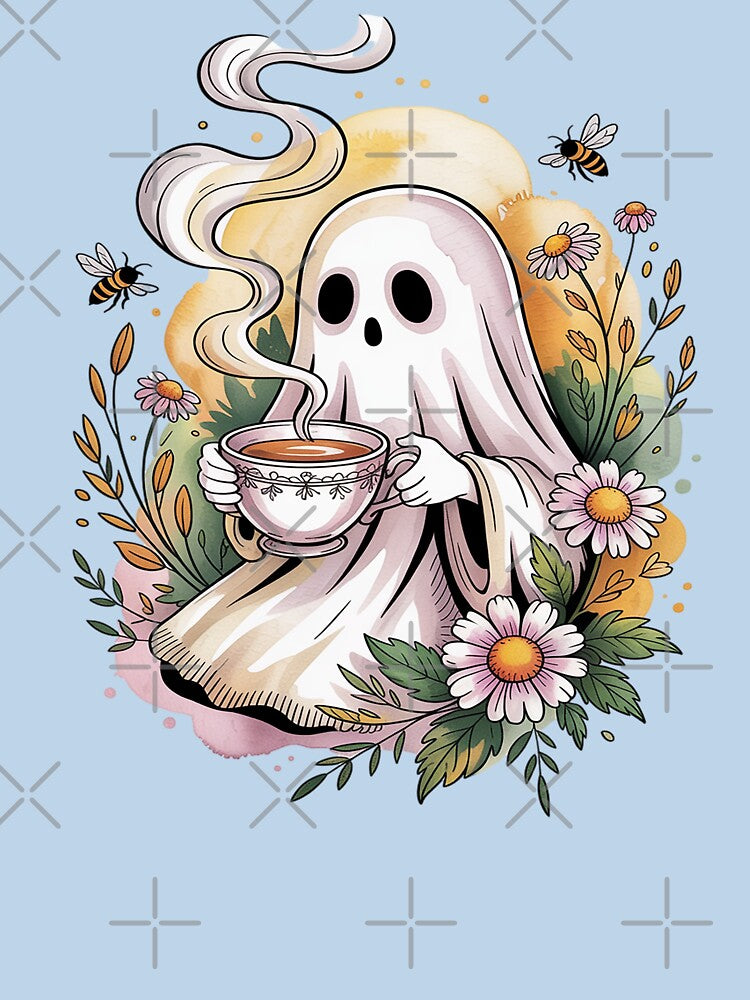 Tea Break: Whimsical Tea Time Ghost Shirt Cozy Watercolor Tattoo Tee Cottagecore Ghost Drinking Tea Whimsical... (Image 3)