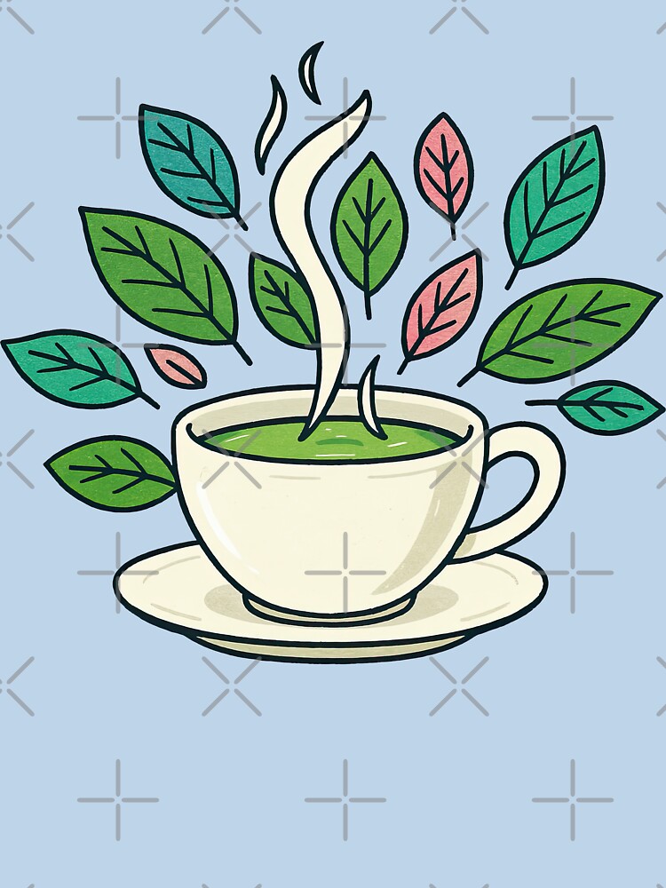 Green Tea Cup with Leaves Cute Illustration by ArtfulWeave T-Shirts, Hoodie, Sweatshirt | BlankRebels.com (Image 3)