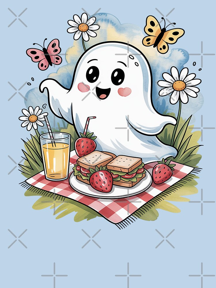 Butterflies and Flowers: Whimsical Picnic Ghost Shirt Summer Watercolor Tattoo Tee, Whimsical Cottagecore... (Image 3)