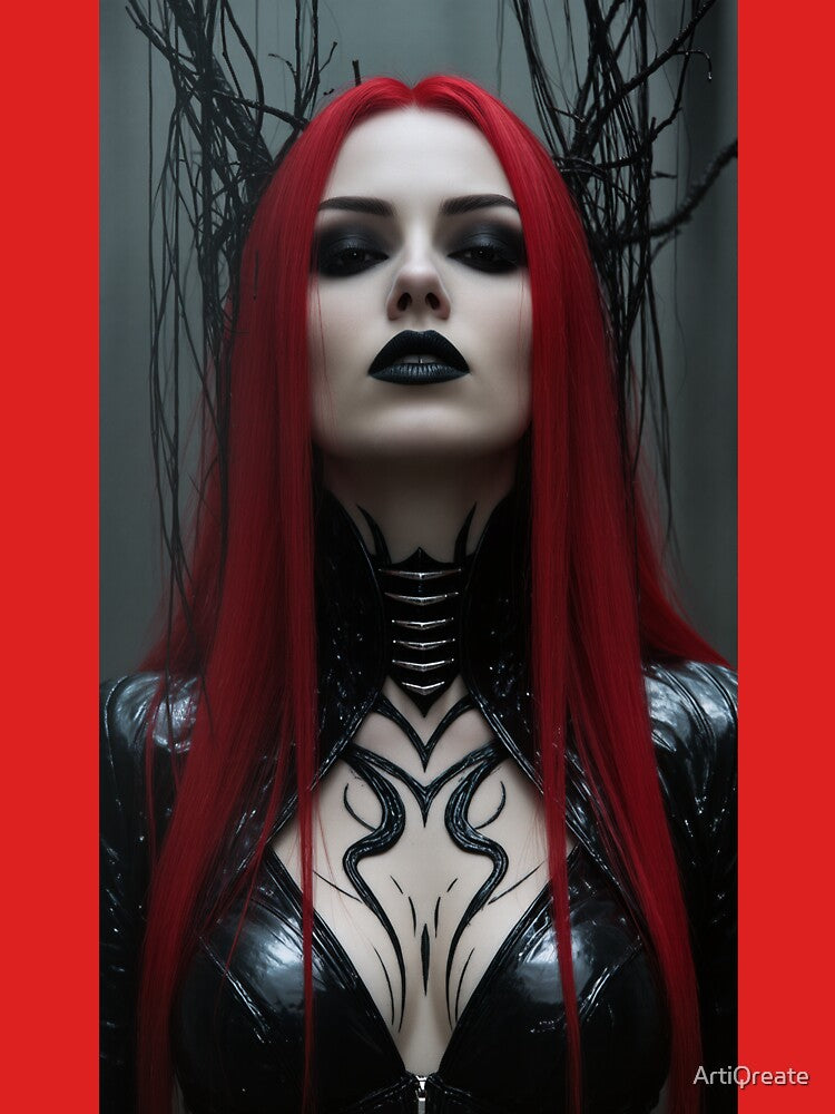 Gothic Warrior Woman | Red & Black Hair Fantasy Design by ArtiQreate T-Shirts, Hoodie, Sweatshirt | BlankRebels.com (Image 3)