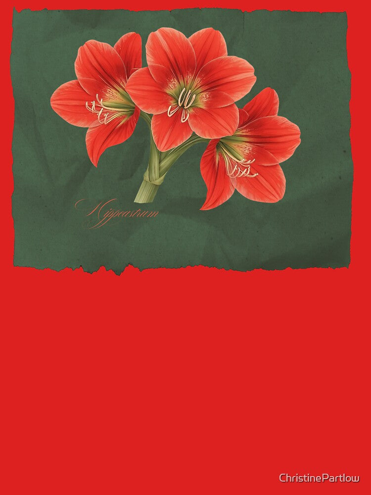 Hippeastrum | Botanical Illustration with Script on Green Textured Background by ChristinePartlow T-Shirts,... (Image 3)