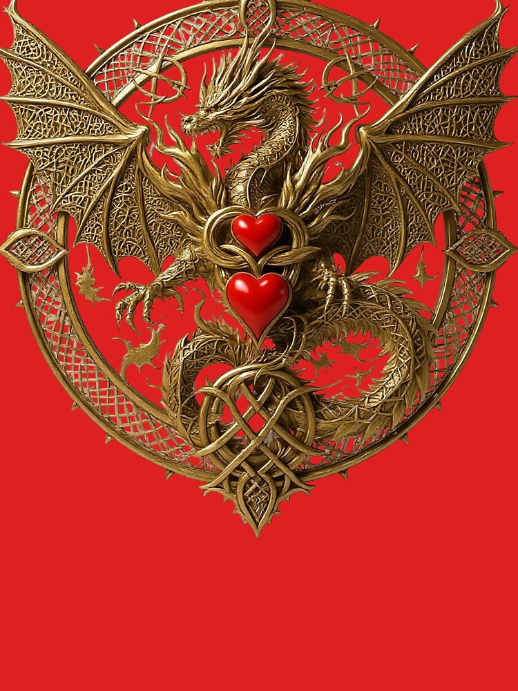 Golden Dragon with Red Hearts Print, Gothic Romance wall Art, Fantasy Couple Design, Viking home Decor by... (Image 3)