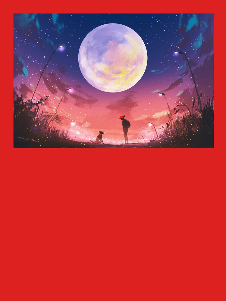 Girl Dog Night Huge Moon Above T-Shirts, Hoodie, Sweatshirt