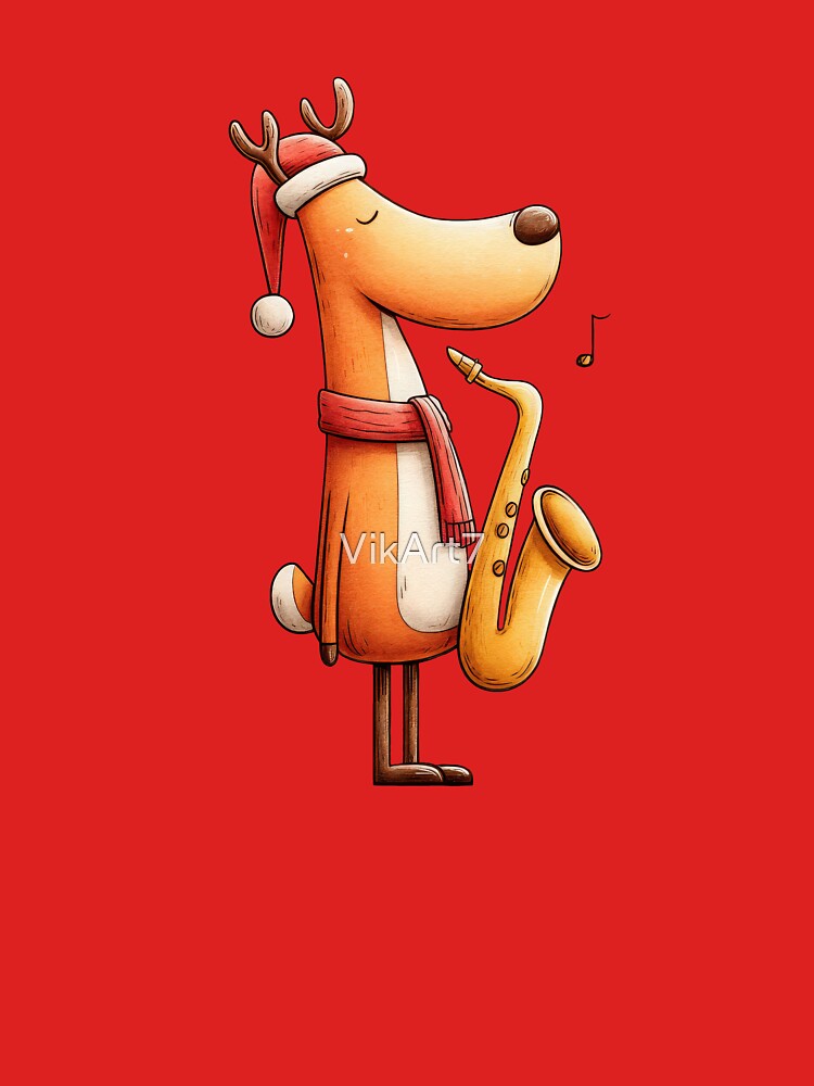Christmas Reindeer Sax Player — Cute Holiday Jazz Illustration by VikArt7 T-Shirts, Hoodie, Sweatshirt (Image 3)