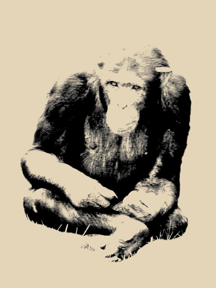 Chimpanzee Sitting in the Jungle. Wildlife Digital Engraving Image by Digital Eclectica T-Shirts, Hoodie,... (Image 3)