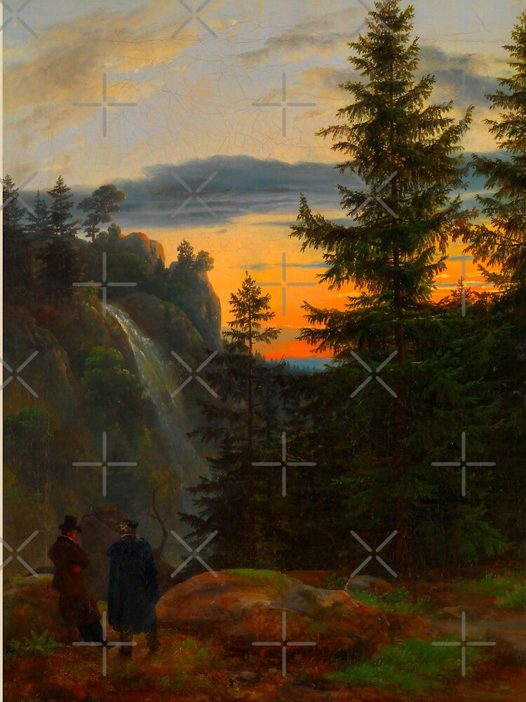 Sunset painting, Sunset Artwork, Two Men before a Waterfall at Sunset by danaJG T-Shirts, Hoodie, Sweatshirt (Image 3)
