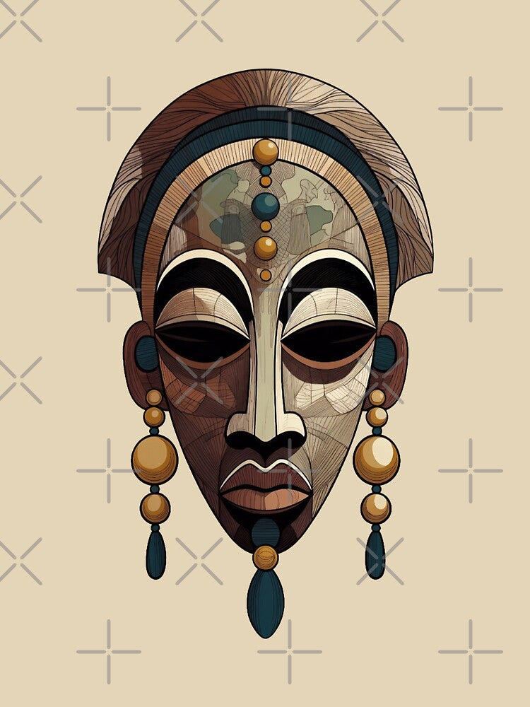 Earthy Boho African Tribal Mask – Beaded Adornment by PixelQ