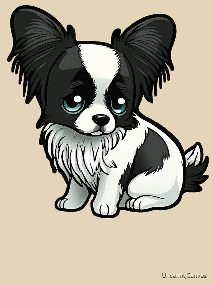 Papillon Puppy Dog - Black and White Fur - Kawaii Cartoon by UncannyCanvas