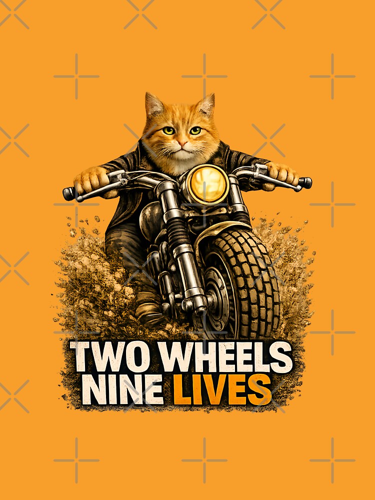 Orange Cat Motorcycle Art – Two Wheels Nine Lives Biker Print Design by PixelsPaws