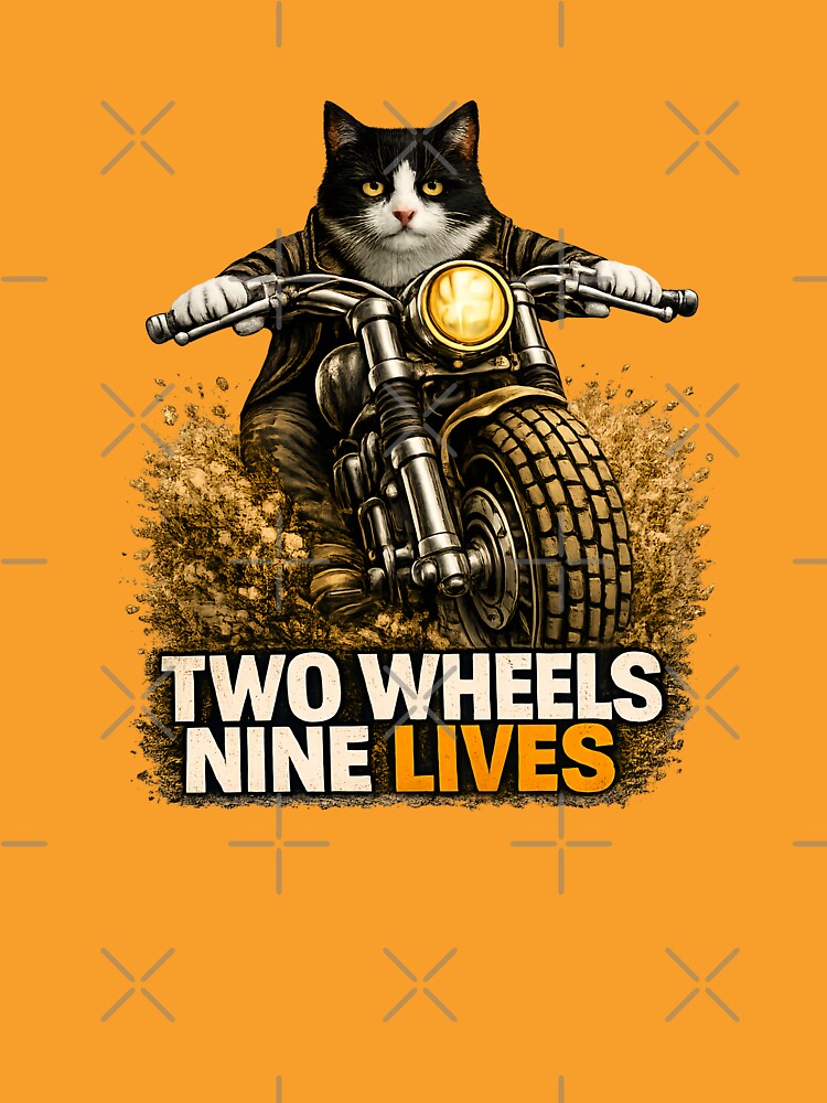 Tuxedo Cat Motorcycle Art – Two Wheels Nine Lives Biker Cat Print Design by PixelsPaws