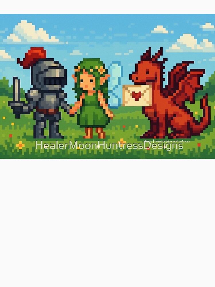 Pixel Knight and Fairy Holding Hands with Dragon and Love Letter – Romantic Fantasy Pixel Art Scene by... (Image 3)