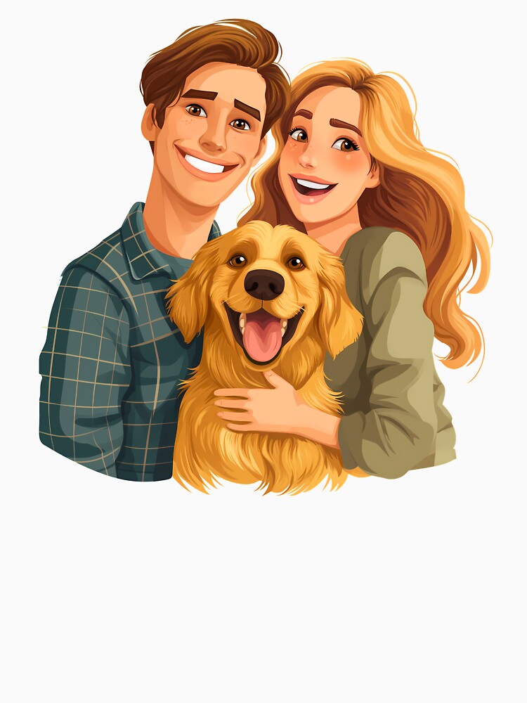 Beautiful illustration of a cute golden retriever dog breed and a female and male owner, golden retriever mom... (Image 3)