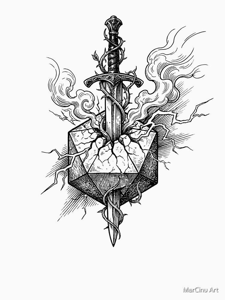 Critical Hit D20 Sword - Fantasy RPG Dice Tattoo Aesthetic by MarCinu Art T-Shirts, Hoodie, Sweatshirt (Image 3)