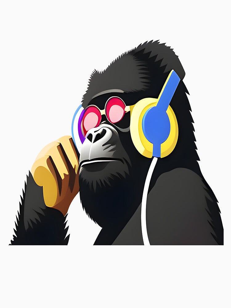 Banksy Style Monkey with Headphones, Banksy DJ Monkey Thinker with Headphones, Chimp Head Listening to Music... (Image 3)