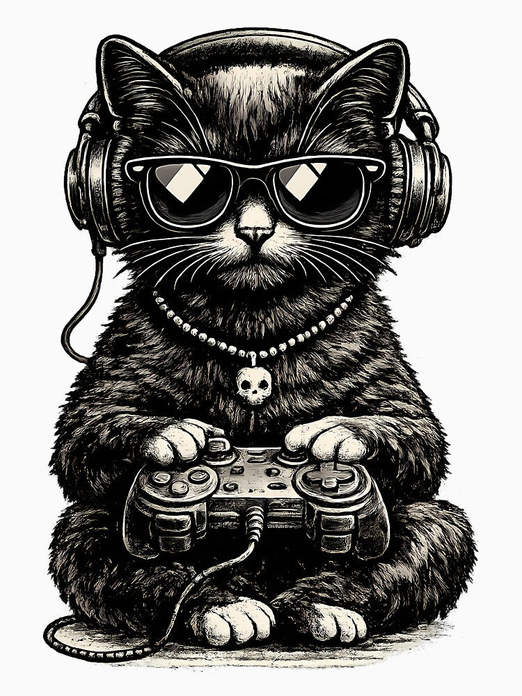 Gaming cat with headset - Vintage geek illustration by Hosharu Gaming T-Shirts, Hoodie, Sweatshirt (Image 3)