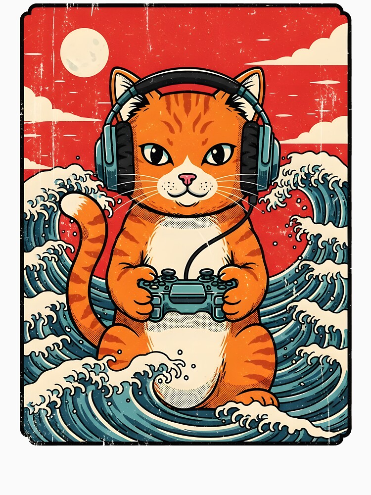 Cute Anime Gamer Cat Japanese Gaming Retro | Great Wave Kawaii Controller Sunset by motivato T-Shirts, Hoodie,... (Image 3)
