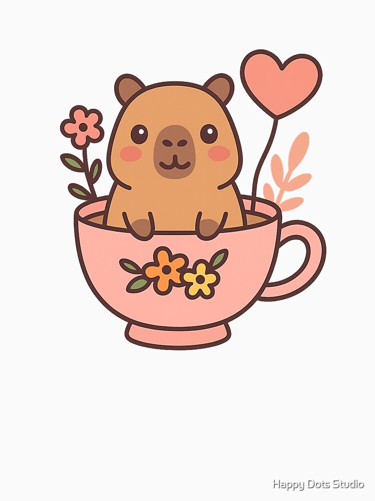 Kawaii Capybara in a Teacup – Cute Pastel Animal Illustration by Happy Dots Studio T-Shirts, Hoodie, Sweatshirt (Image 3)