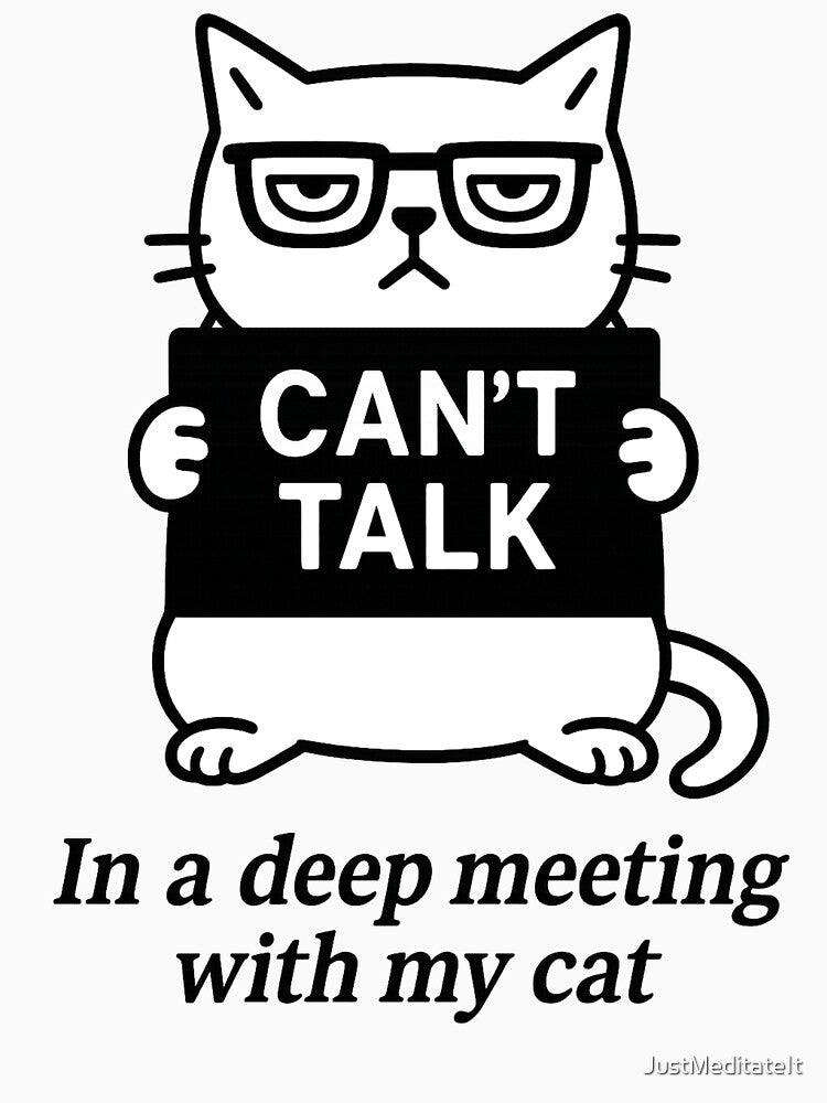 Can't talk. In a deep meeting with my cat! – Funny T-Shirt and Hoodie for Cat Lovers – Cozy Introvert Style by JustMeditateIt