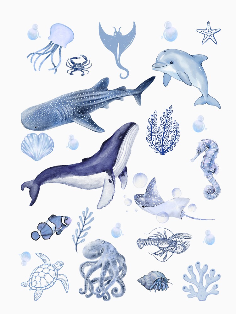Watercolour Sea Animals Blue Illustration | Ocean Creatures Marine Life Design by KiTiStudio T-Shirts, Hoodie,... (Image 3)