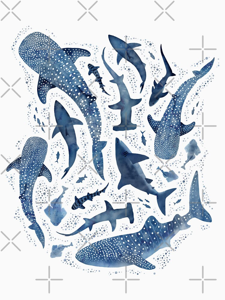 Monochrome blue watercolour shark ocean on white by adenaJ
