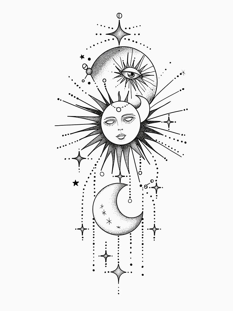 Celestial Fine Line Tattoo Design – Sun, Moon & Stars by Little KAIJU T-Shirts, Hoodie, Sweatshirt (Image 3)