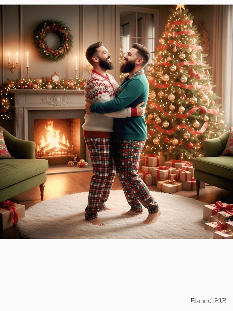 Romantic holiday scene: bearded couple holding each other near the hearth and a lit pine tree. by Elando1212... (Image 2)
