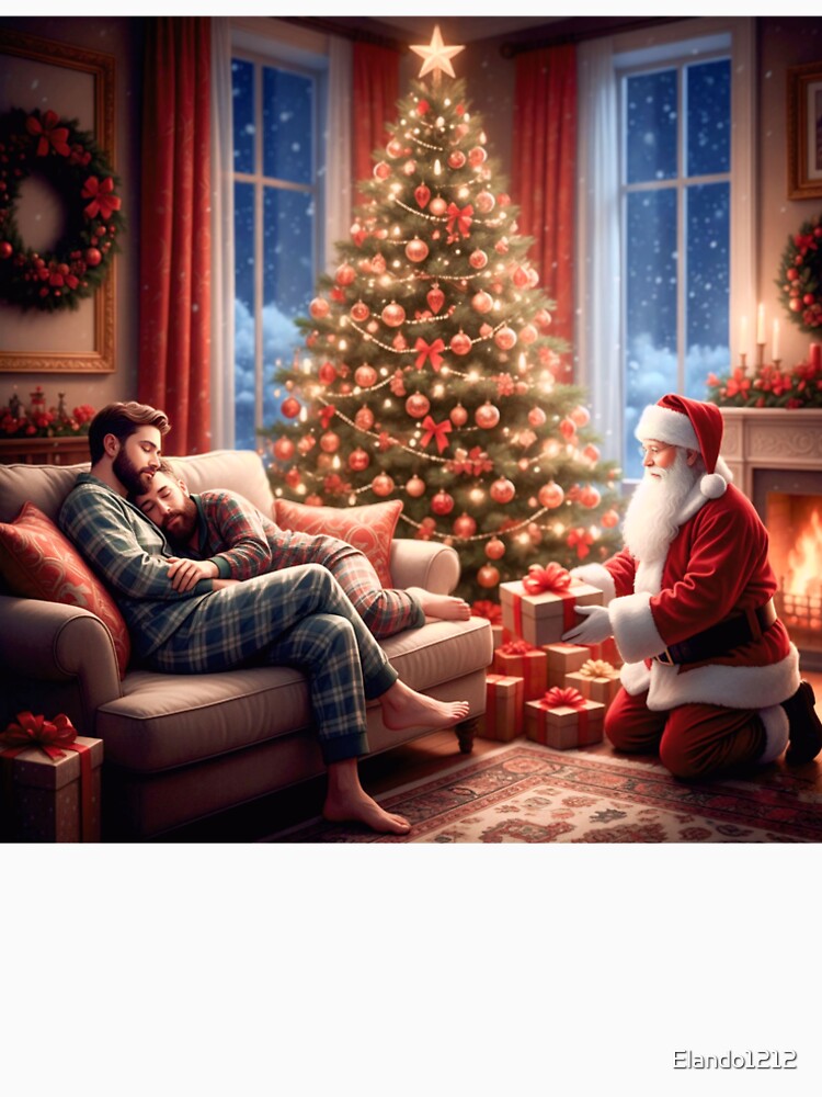 Charming, family-friendly portrayal of a cuddling couple asleep on a couch while Santa places a present beside... (Image 2)