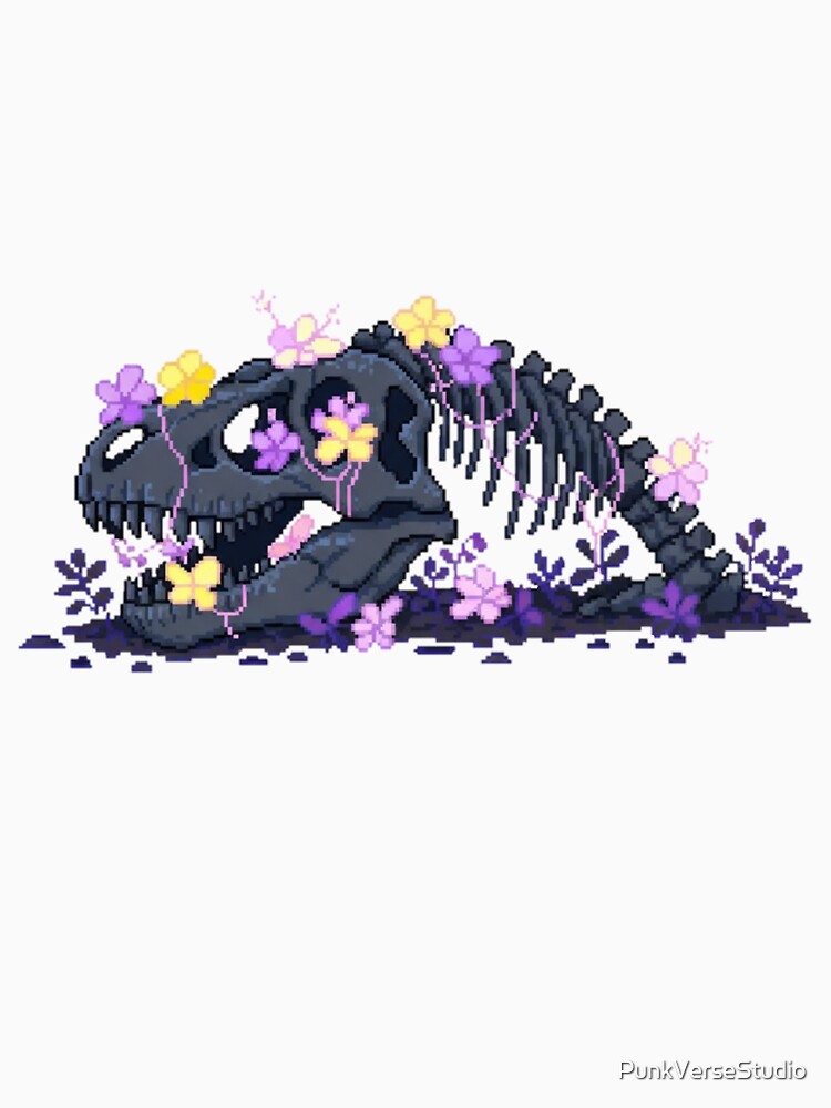 Pixel Dinosaur Skeleton with Blue Flowers | Floral Retro Pixel Art by PunkVerseStudio T-Shirts, Hoodie, Sweatshirt (Image 3)