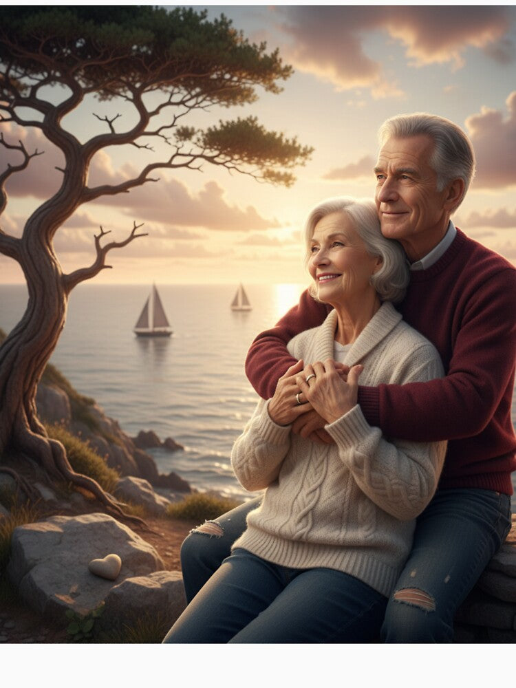 Timeless Love at Sunset – Romantic Elderly Couple by the Sea | Forever Together Art by VibeVauilt T-Shirts,... (Image 3)