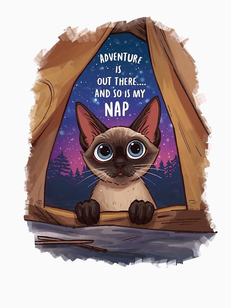 Adventure is Out There Cat Tent T-Shirt | Funny Cat Camping Art by Falconwolf