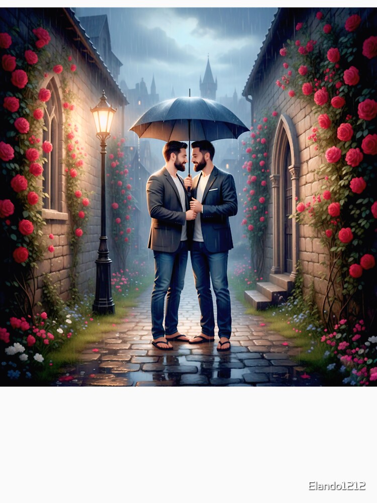 Two men sharing an umbrella on a narrow rainy street — a cozy portrait of modern love by Elando1212 T-Shirts,... (Image 2)
