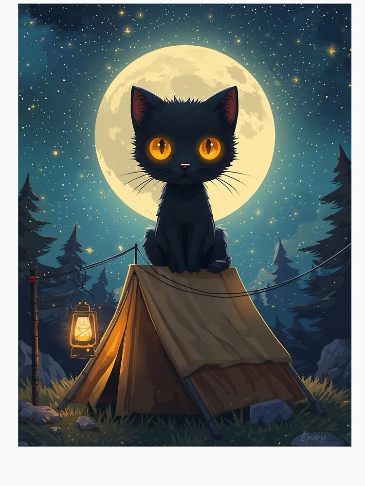 Black Cat Moonlit Camper Tent Full Moon T-Shirt | Mysterious Camping Cat Art by Falconwolf
