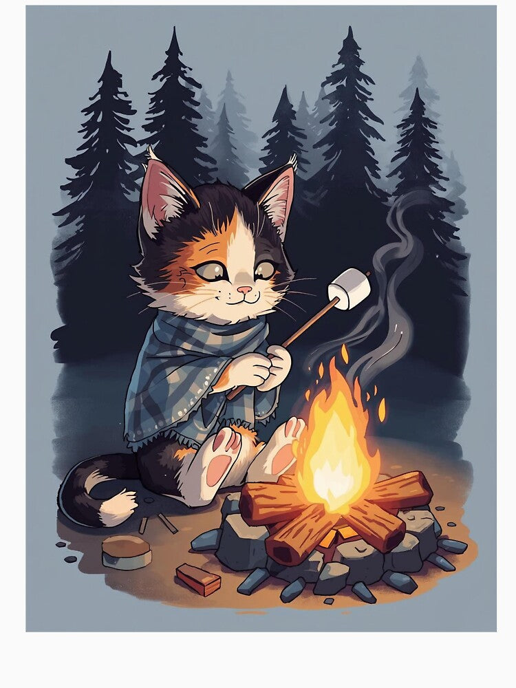 Calico Cat Campfire Stories Marshmallow T-Shirt | Cozy Camping Cat Gift by Falconwolf
