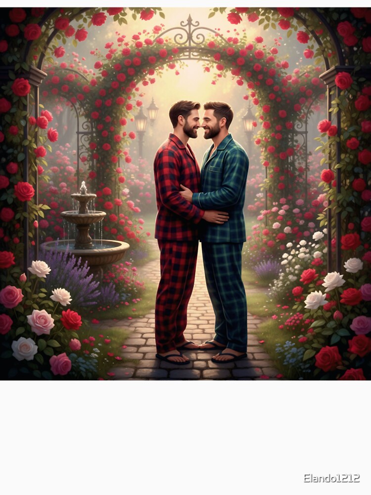 Romantic scene of a gay couple hugging in matching pajamas among blooming flowers by Elando1212 T-Shirts,... (Image 2)