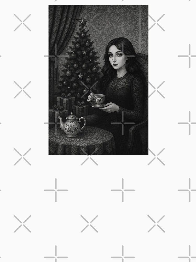 Gothic Christmas Tea – Victorian Black and White Christmas Illustration by MrsMimpi T-Shirts, Hoodie, Sweatshirt (Image 3)
