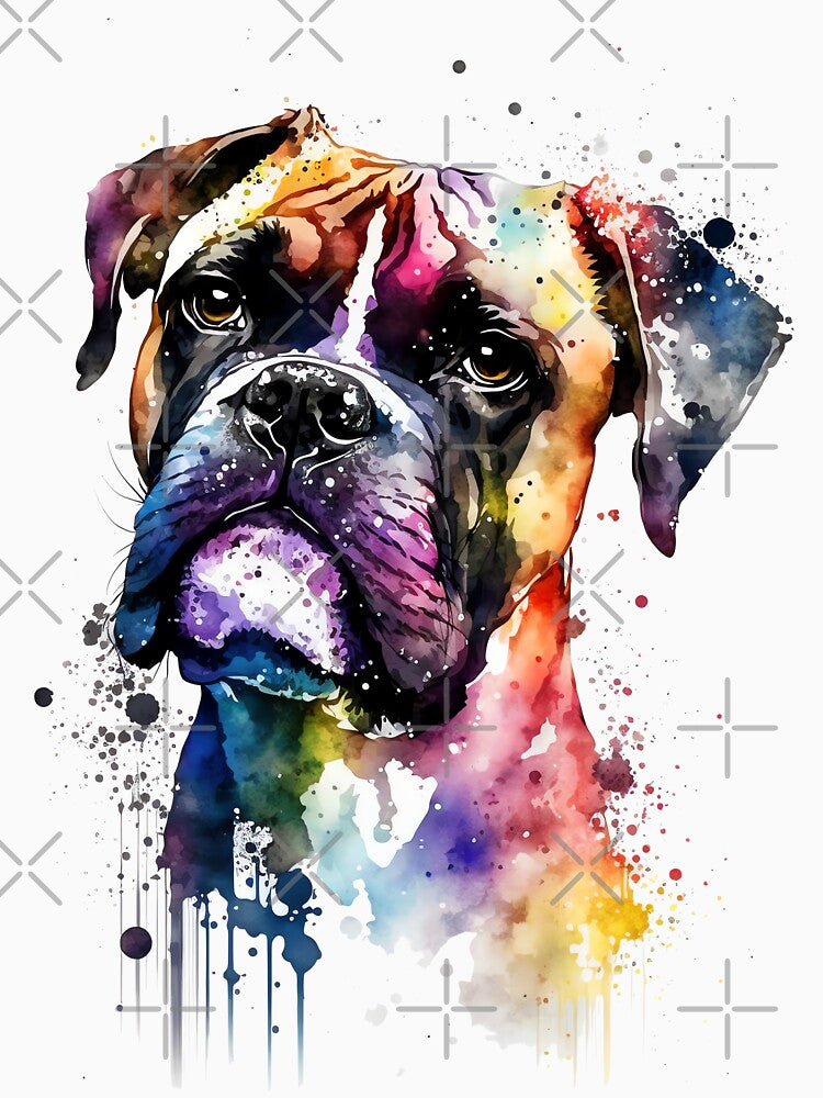 Rainbow Boxer Dog Watercolor Portrait by doglovershirts