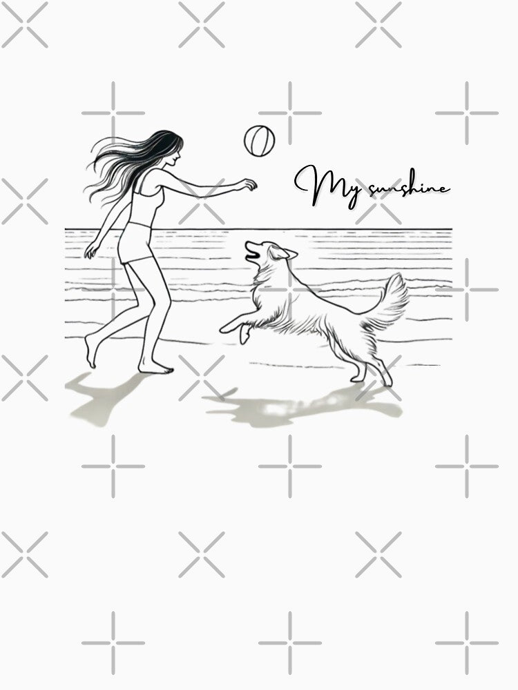 My Sunshine - Dog and Girl Minimalist Beach Illustration (b/w) by kstheladesigns T-Shirts, Hoodie, Sweatshirt (Image 3)
