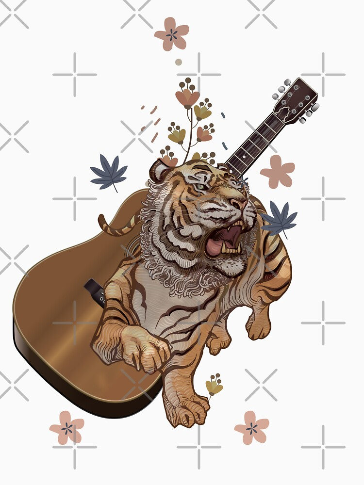 Funny tiger rolls with cute flowers and guitar, funny tiger cute flowers and guitar by fatydesignspace... (Image 3)