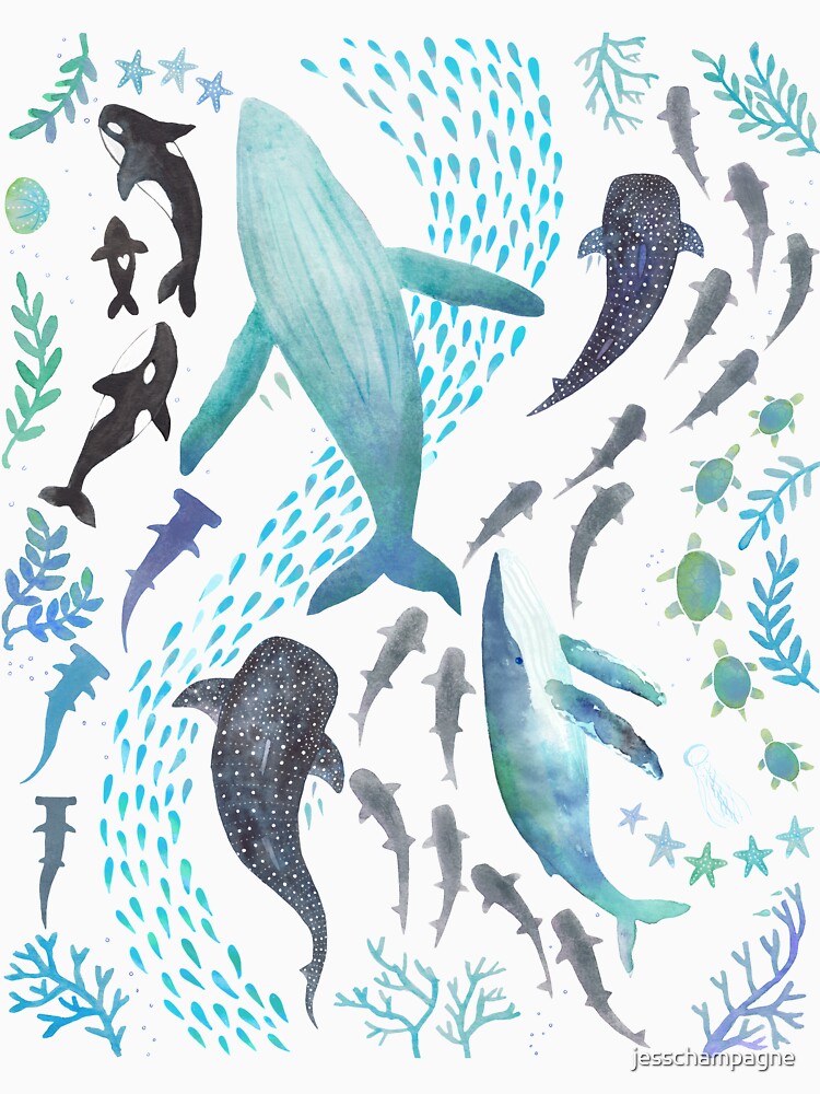 Sharks, Humpback Whales, Orcas & Turtles Ocean Play Print by jesschampagne T-Shirts, Hoodie, Sweatshirt (Image 3)