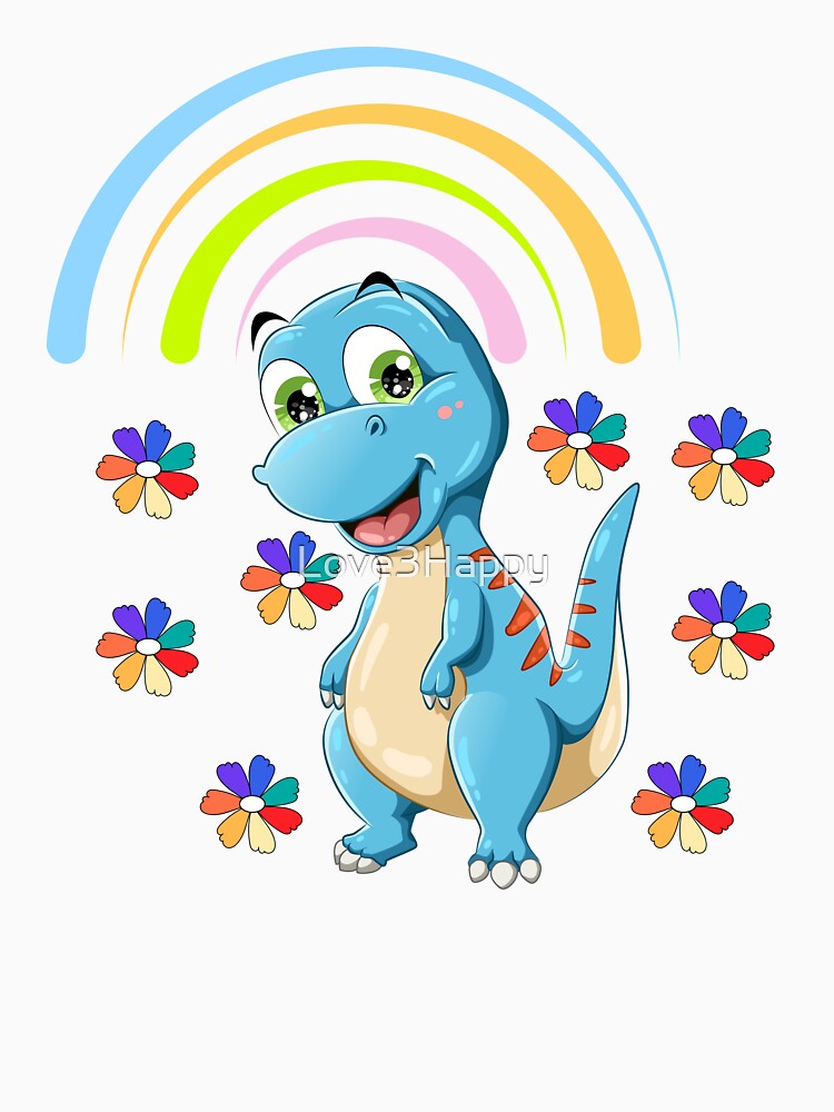 Friendly Blue Dinosaur with Rainbow & Flowers – Cute Cartoon Illustration by Love3Happy T-Shirts, Hoodie,... (Image 3)