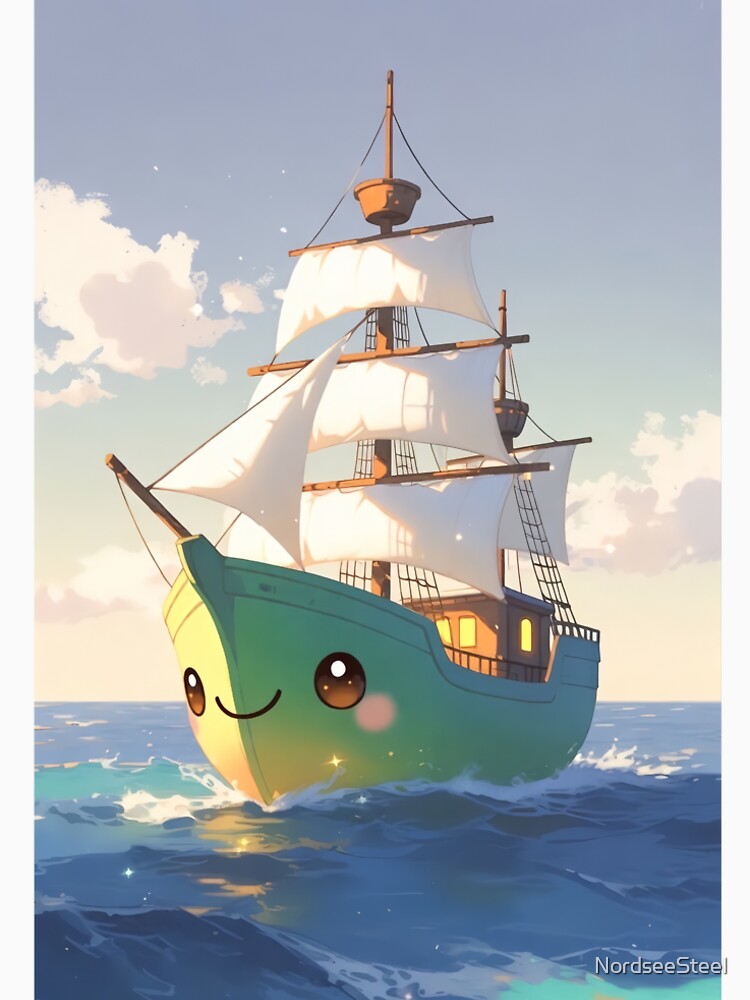 Kawaii Sailing Ship at Sunset – Cute Happy Pirate Boat by NordseeSteel T-Shirts, Hoodie, Sweatshirt (Image 2)