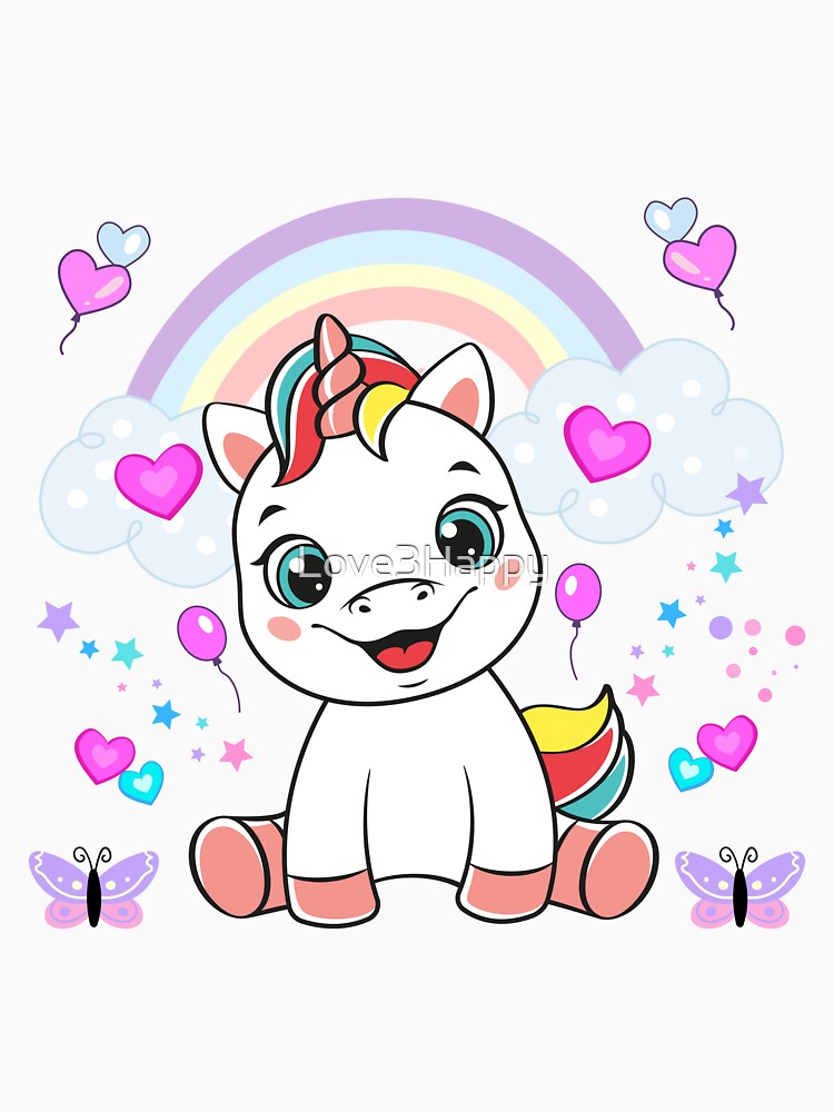 Happy Cartoon Unicorn with Rainbow, Balloons & Hearts – Whimsical Kids Illustration by Love3Happy T-Shirts,... (Image 3)
