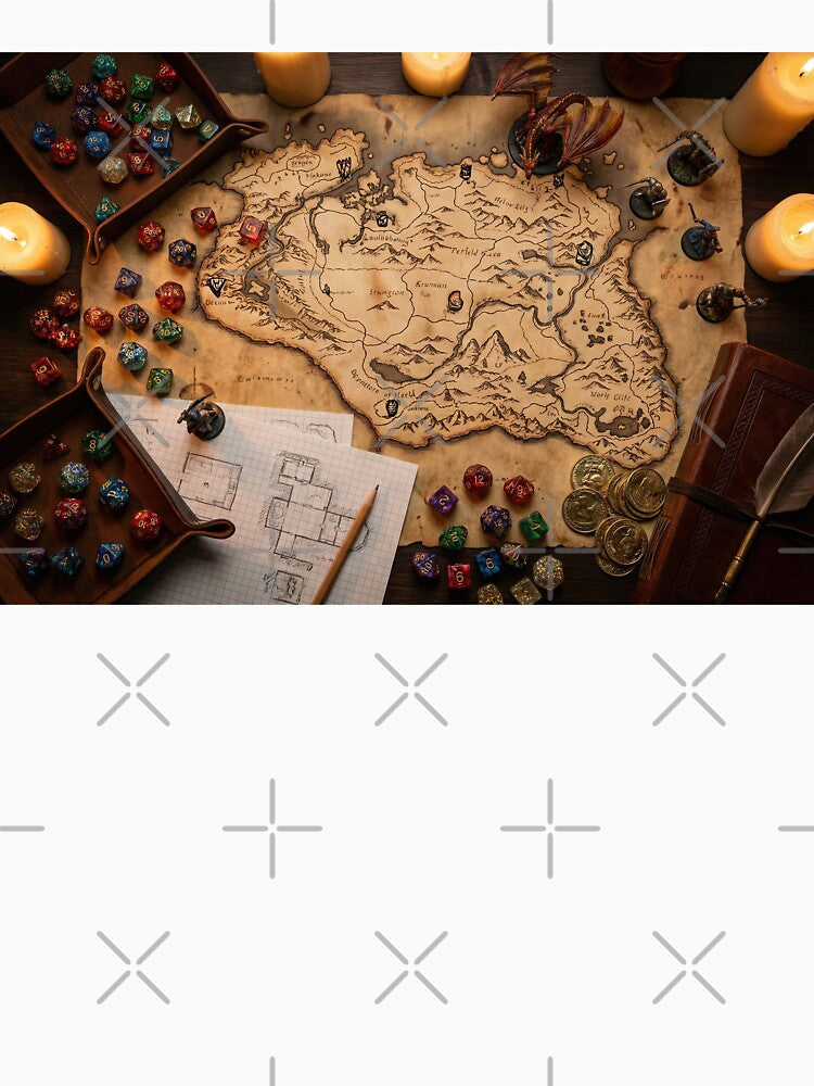 Dungeon Master's Table - Fantasy RPG Map & Dice Knolling by SavinMercantile T-Shirts, Hoodie, Sweatshirt (Image 3)