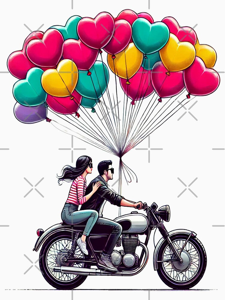 Romantic Couple on Motorcycle with Heart Balloons – Valentine Love Art by Rajasekar T-Shirts, Hoodie, Sweatshirt (Image 3)