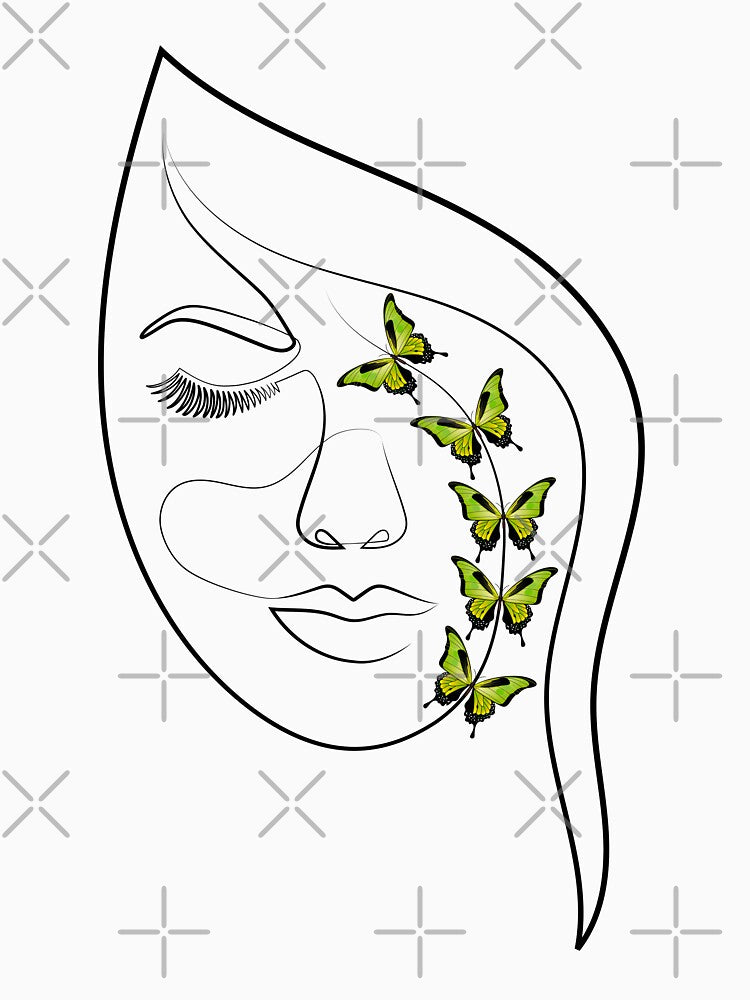 Woman Face with Green Butterflies | One Line Drawing | One Line Art by One-Line-Artist T-Shirts, Hoodie, Sweatshirt (Image 3)